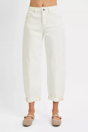 CREAM RISEN Full Size High Rise Barrel Cropped Jeans Plus Size | Jeans Daverri Fashions