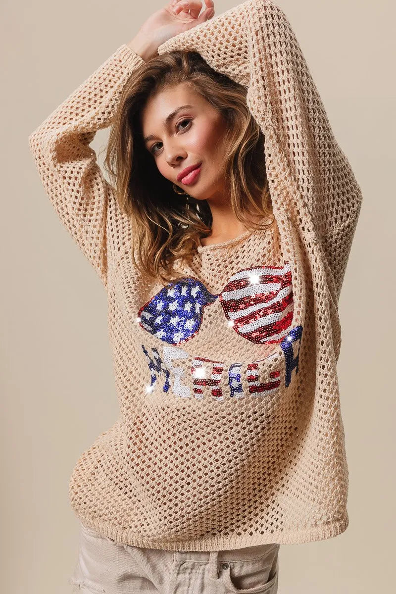 BiBi Sequin American Flag Sunglasses Knit Top Tops