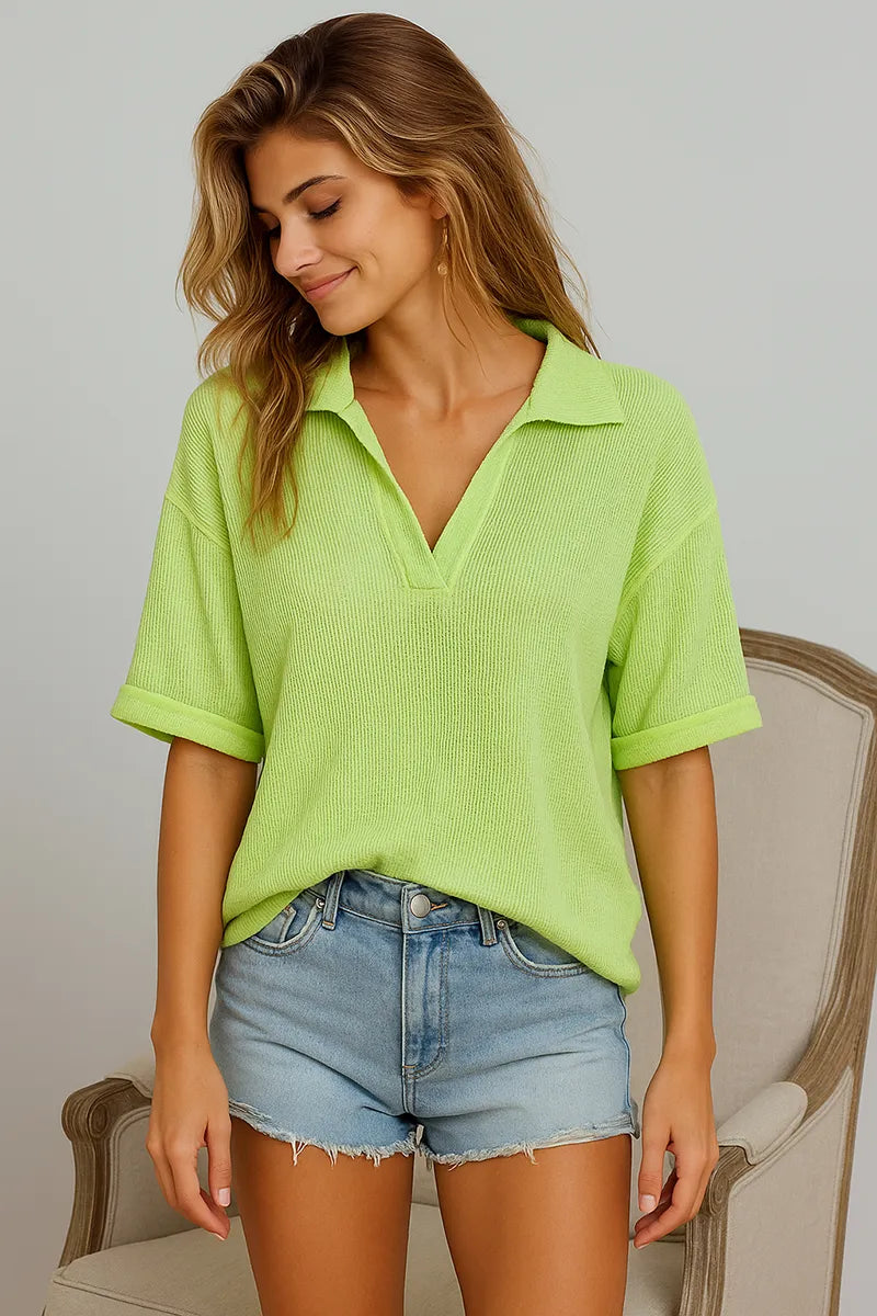 Lime green ribbed knit BiBi Mineral Washed Thermal Top polo shirt