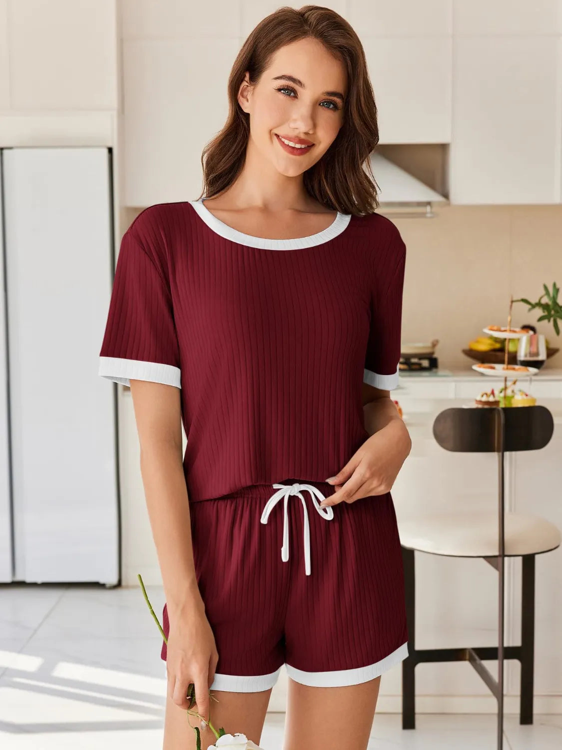 Daverri Fashions wine-colored ribbed pajama set with white trim