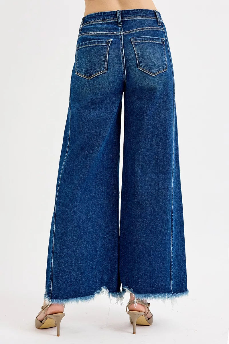 RISEN high-rise ankle wide jeans in blue denim with frayed hem, plus size
