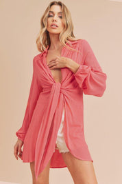 Strawberry Aemi + Co Tied Collared Neck Long Sleeve Top | Tops Daverri Fashions