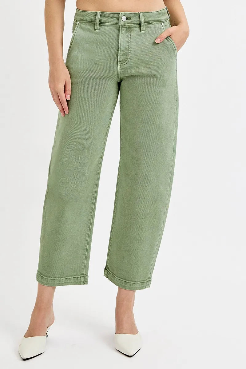 RISEN Full Size Tummy Control High Rise Crop Barrel Jeans Plus Size OLIVE