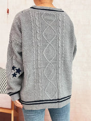 Star Pattern Button-Up Cardigan with Contrast Trim | Cardigans Daverri Fashions