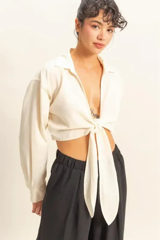 HYFVE Washed Tie Front Crop Top - DAVERRI FASHIONS