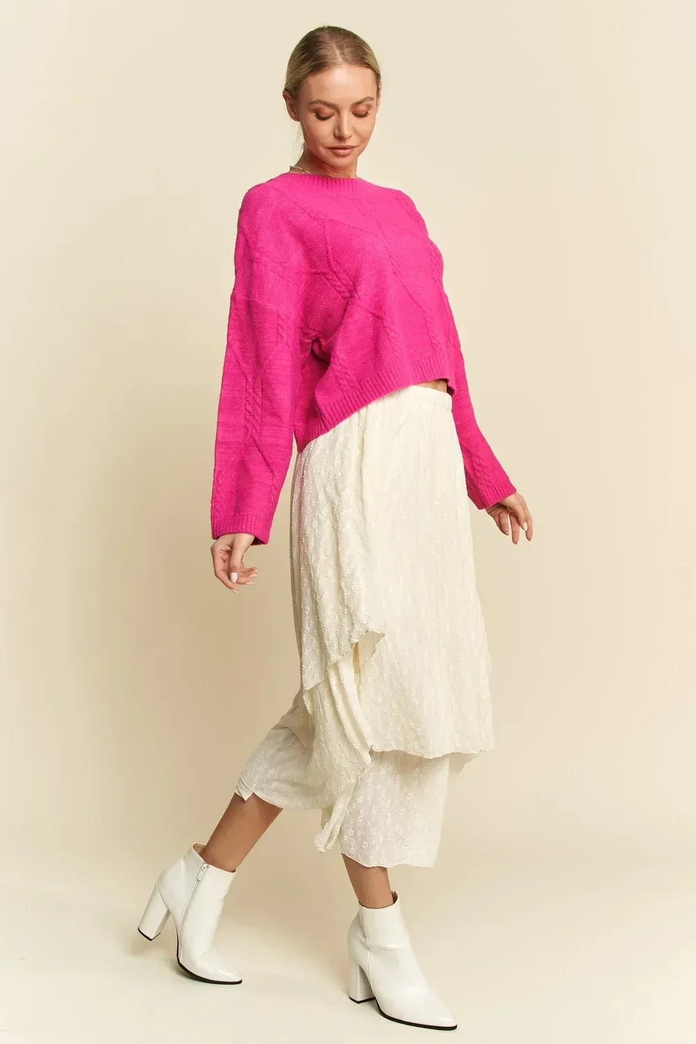 Davi & Dani Diamond Cable Pattern Drop Shoulder Sweater - DAVERRI FASHIONS