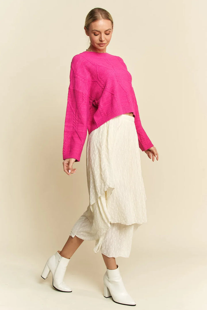 Davi & Dani Diamond Cable Pattern Drop Shoulder Sweater | Sweaters Daverri Fashions