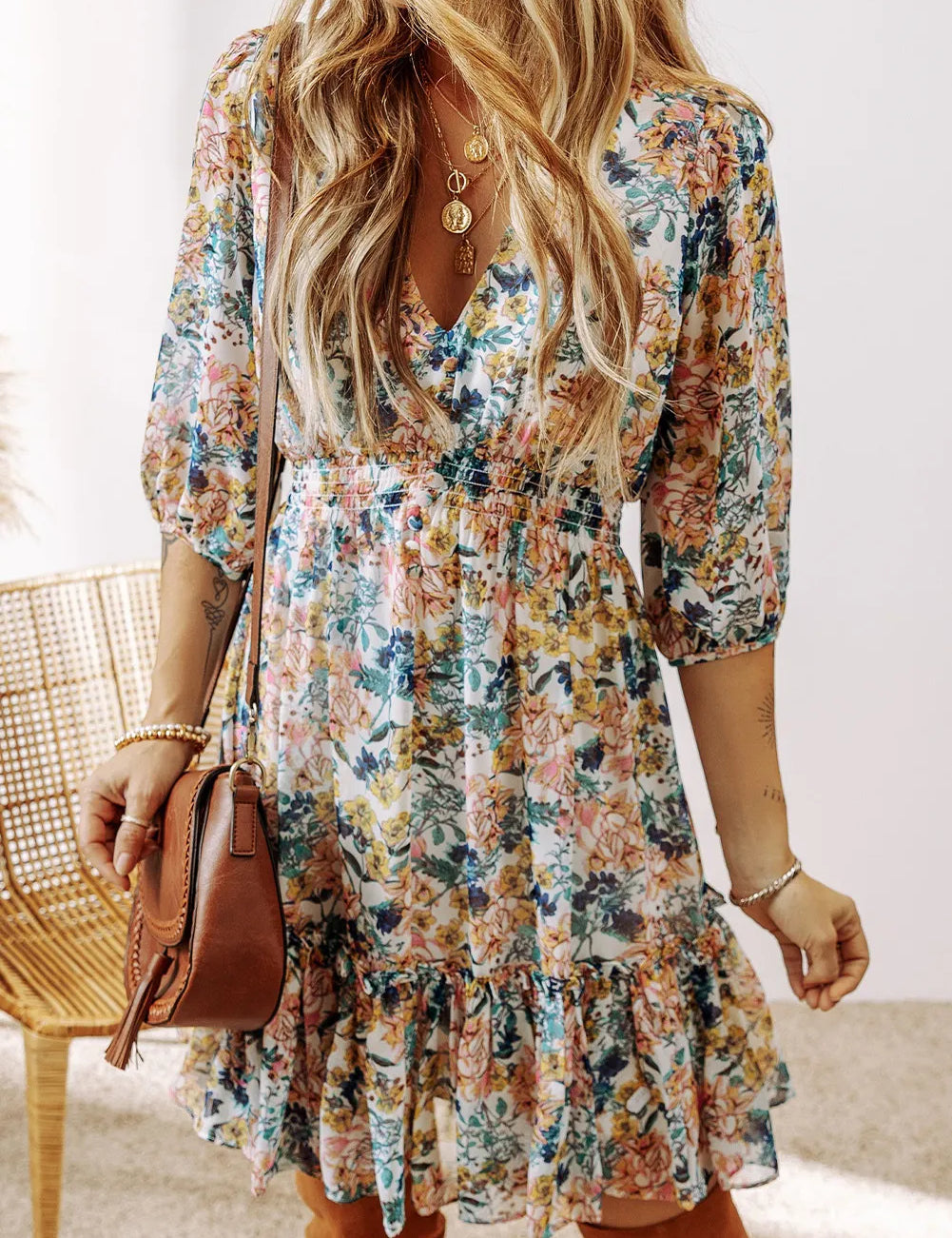 Floral printed V-neck half sleeve mini dress with ruffled hem