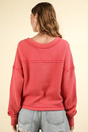 VERY J Exposed Seam V-Neck Ribbed Knit Top Tops