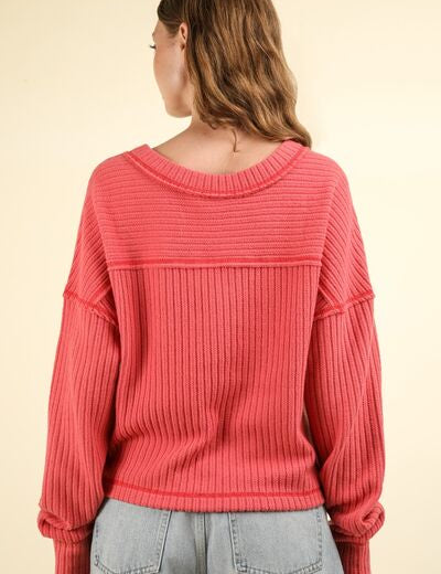 VERY J Exposed Seam V-Neck Ribbed Knit Top Tops