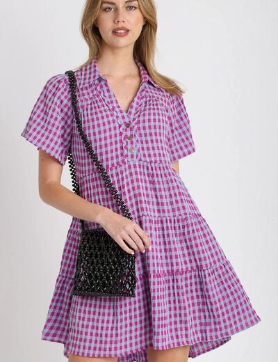 Umgee Full Size Gingham Tiered Button Detail Short Sleeve Dress Plus Size Red-Violet S