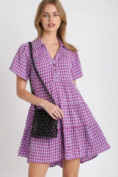 Umgee Full Size Gingham Tiered Button Detail Short Sleeve Dress Plus Size Red-Violet S