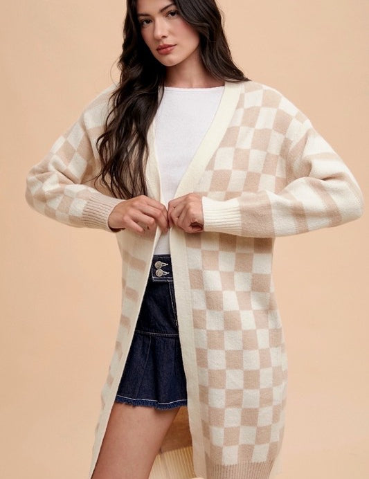 Annie Wear Checkered & Striped Open Front Long Sleeve Cardigan Tops