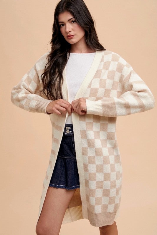 Annie Wear Checkered & Striped Open Front Long Sleeve Cardigan Tops