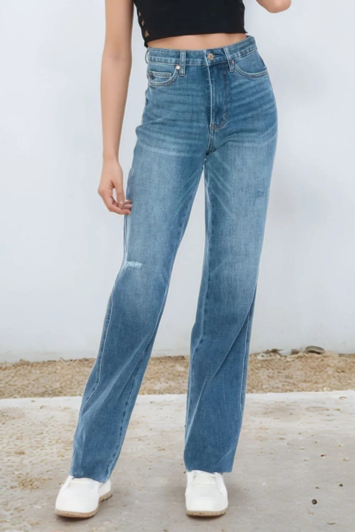 Judy Blue Full Size Tummy Control Cut Raw Hem Straight Jeans