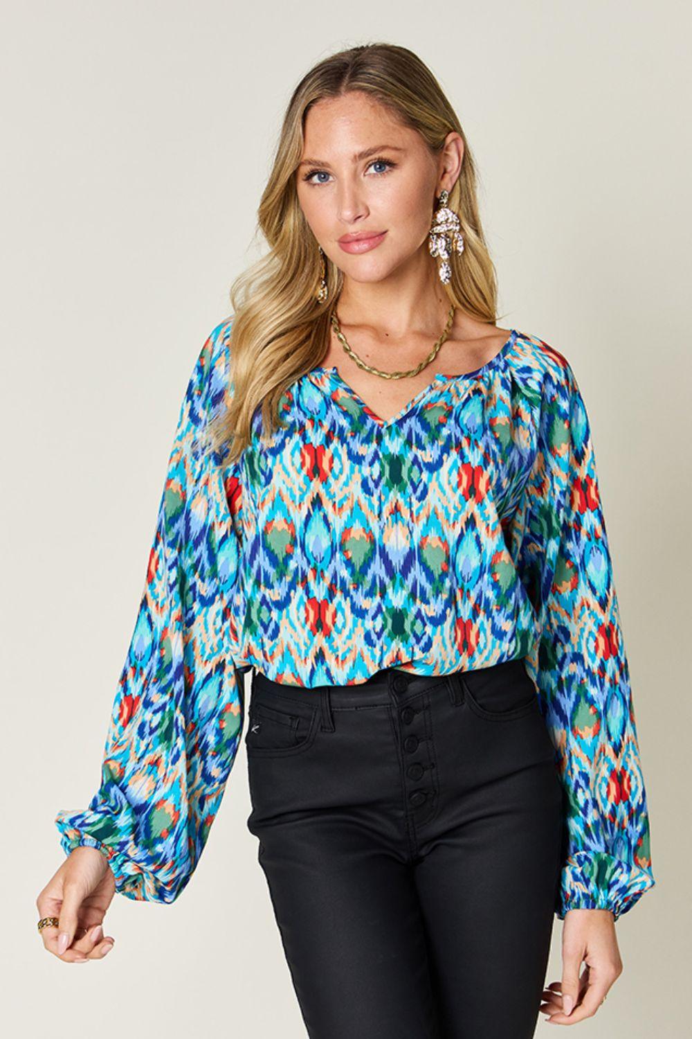 Double Take Full Size Printed Balloon Sleeve Blouse Shirts & Tops