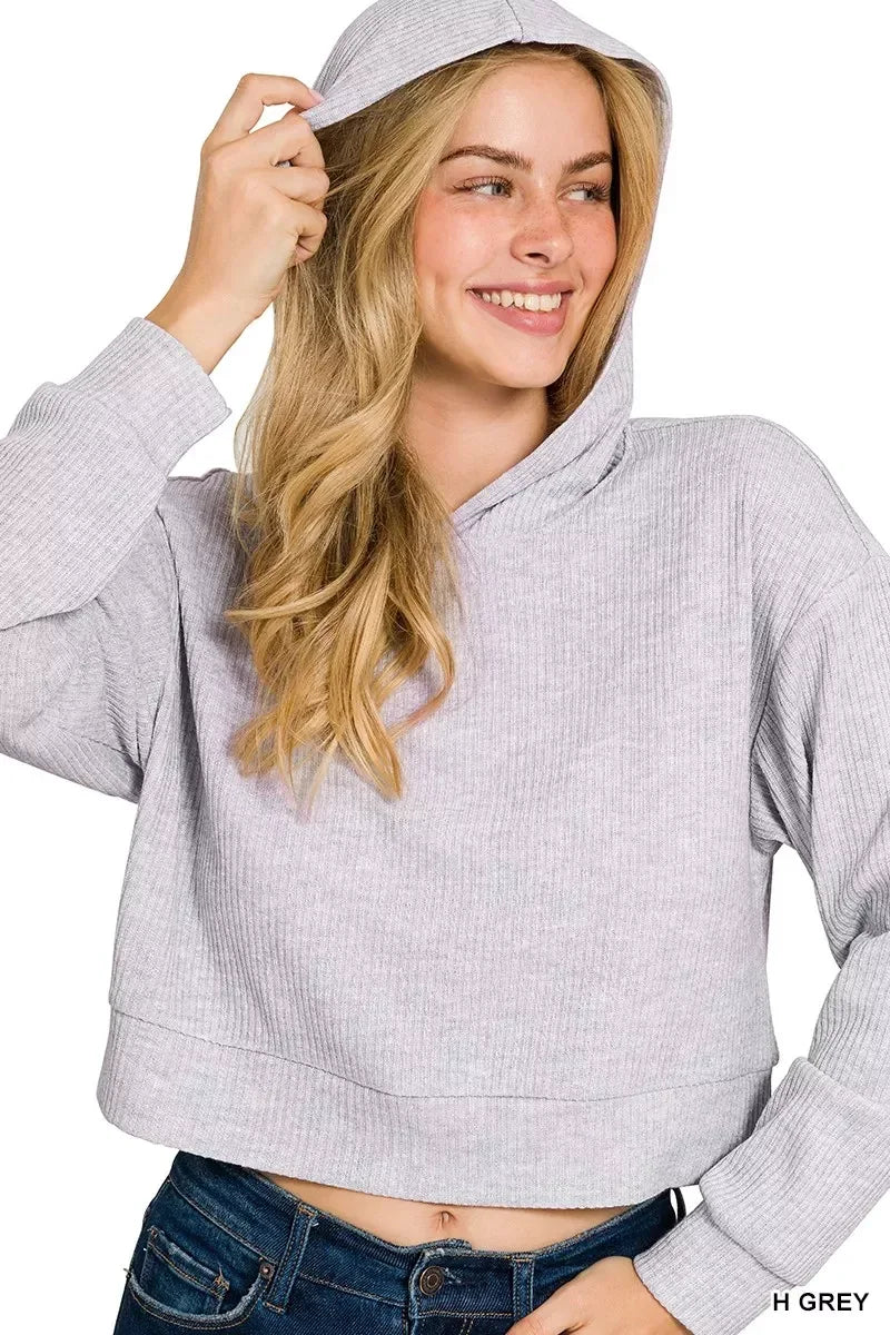 Drop Shoulder Ribbed Crop Hoodie Heather Grey - DAVERRI FASHIONS