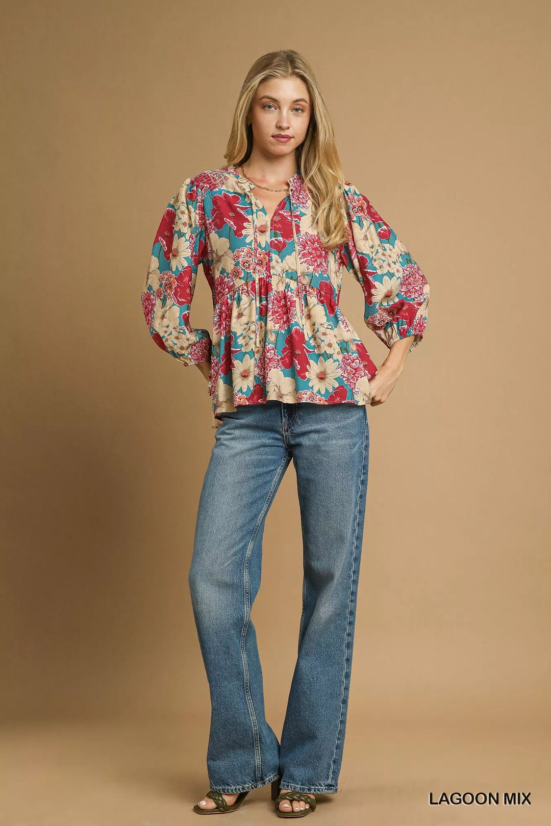 Umgee Mix Floral Peplum Blouse with Tie Neck | Blouses Daverri Fashions
