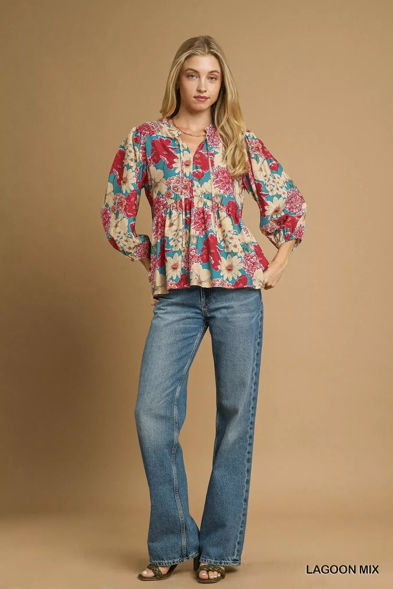Umgee Mix Floral Peplum Blouse with Tie Neck - DAVERRI FASHIONS