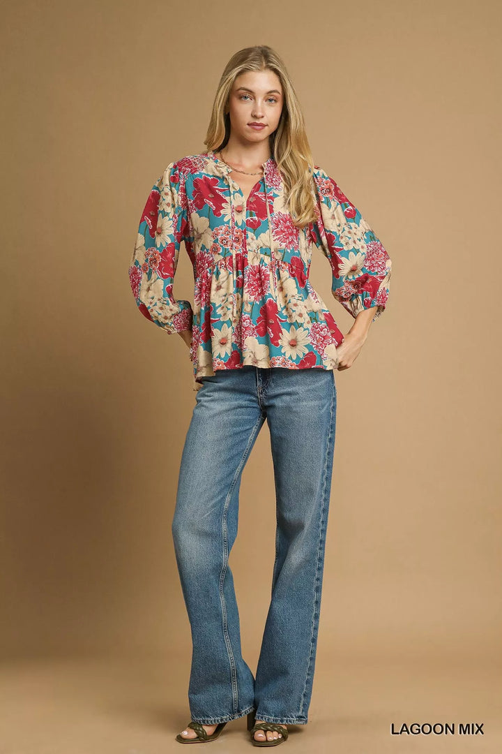 Umgee Mix Floral Peplum Blouse with Tie Neck | Blouses Daverri Fashions
