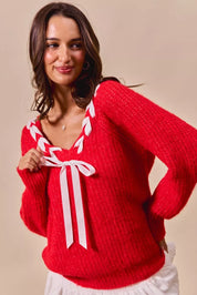 SO ME Satin Tape Braided Ribbon Tie V Neck Sweater | Sweaters Daverri Fashions