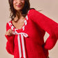 SO ME Satin Tape Braided Ribbon Tie V Neck Sweater - DAVERRI FASHIONS