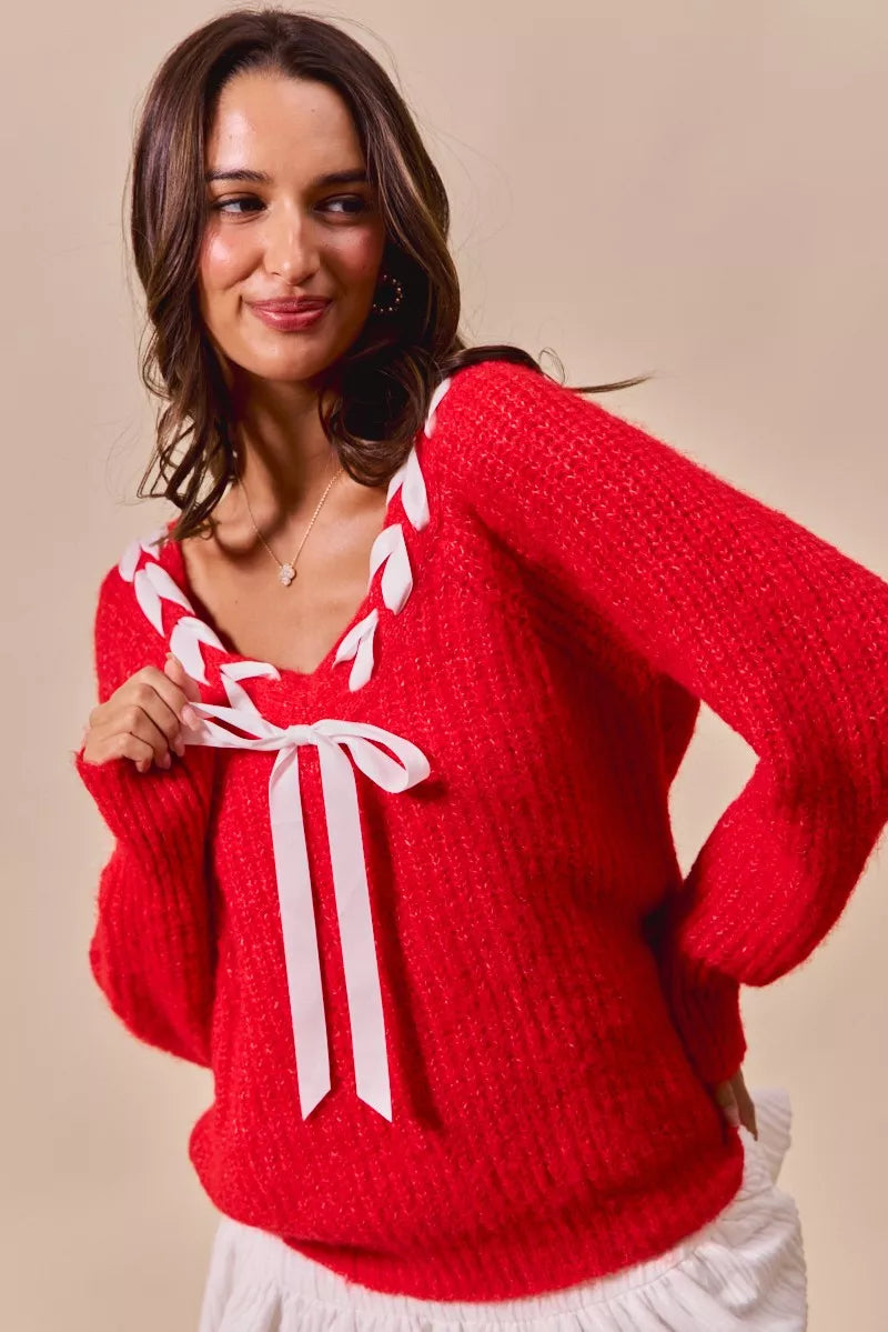 SO ME Satin Tape Braided Ribbon Tie V Neck Sweater | Sweaters Daverri Fashions
