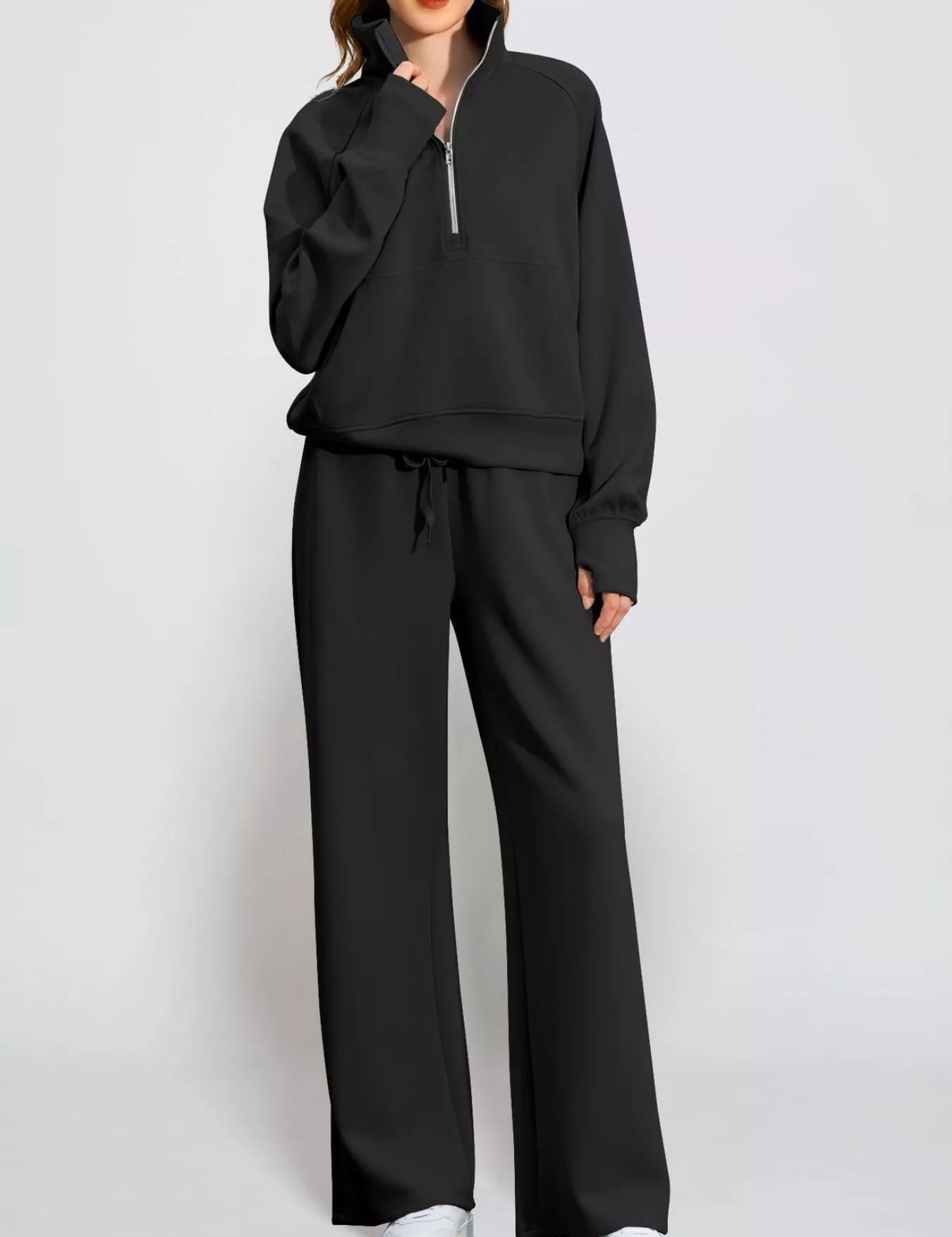 Black Full Size Half-Zip Sweatshirt and Wide-Leg Pants Set Plus Size | Outfit Sets Daverri Fashions