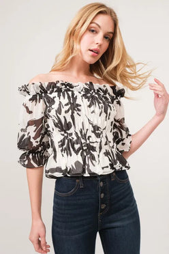 And The Why smocked off-shoulder floral print blouse with ruffles