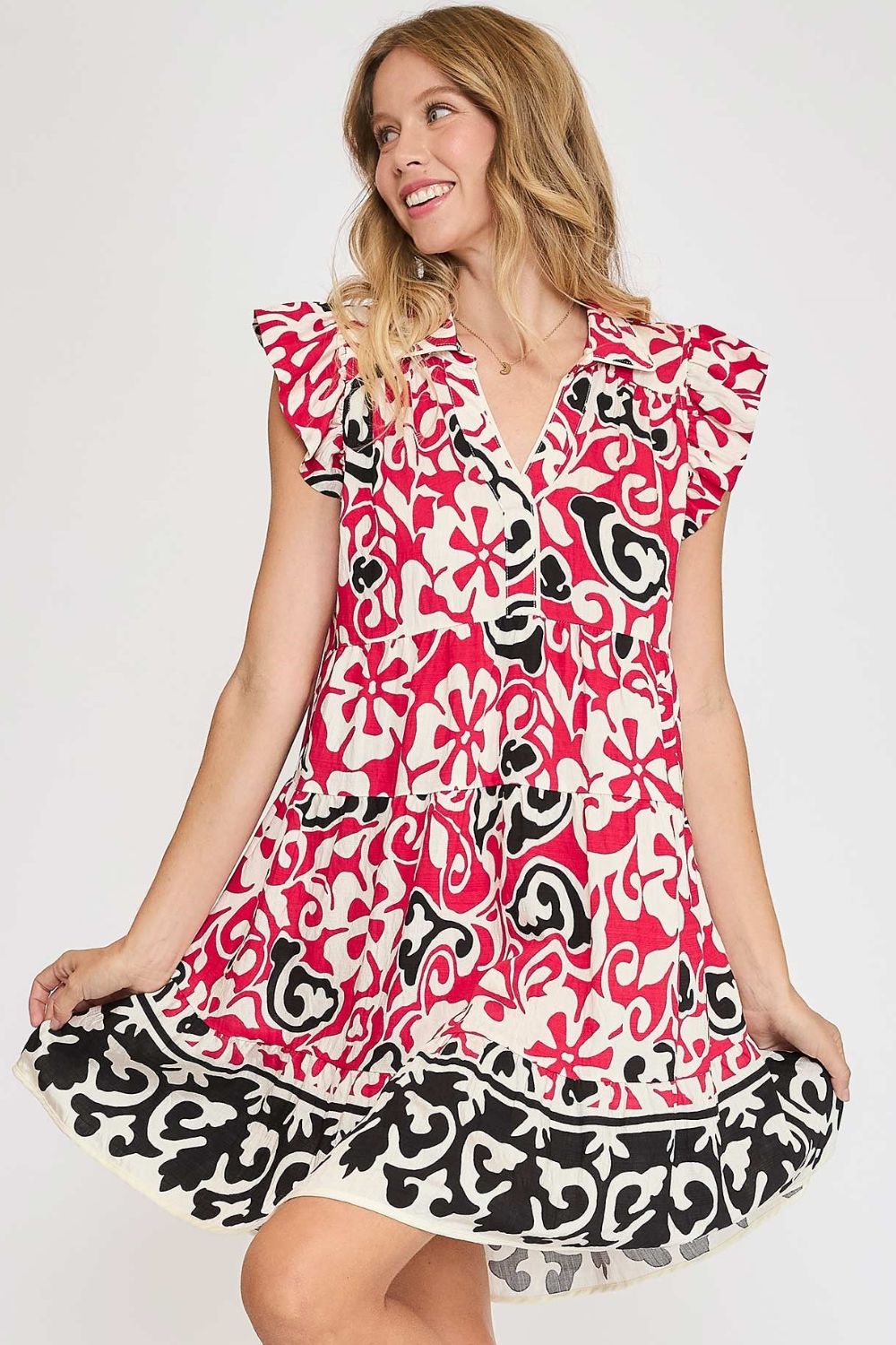 Umgee Floral Ruffled Cap Sleeve Tiered Dress Deep Rose