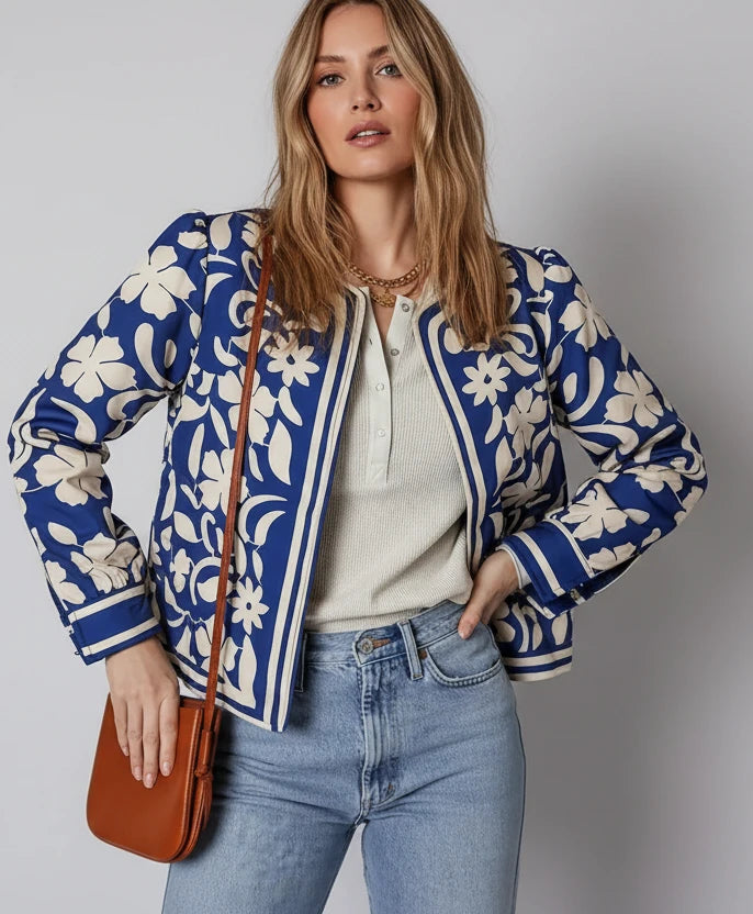 Blue floral bomber jacket with white cream accents open front cuffs