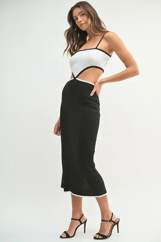 MABLE Black Ribbed Knit Color Block Cutout Midi Dress - DAVERRI FASHIONS