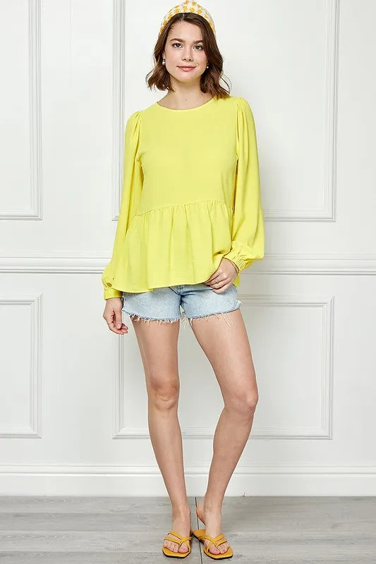 Lime 'N' Chili Round Neck Ruffle Hem Balloon Sleeve Blouse