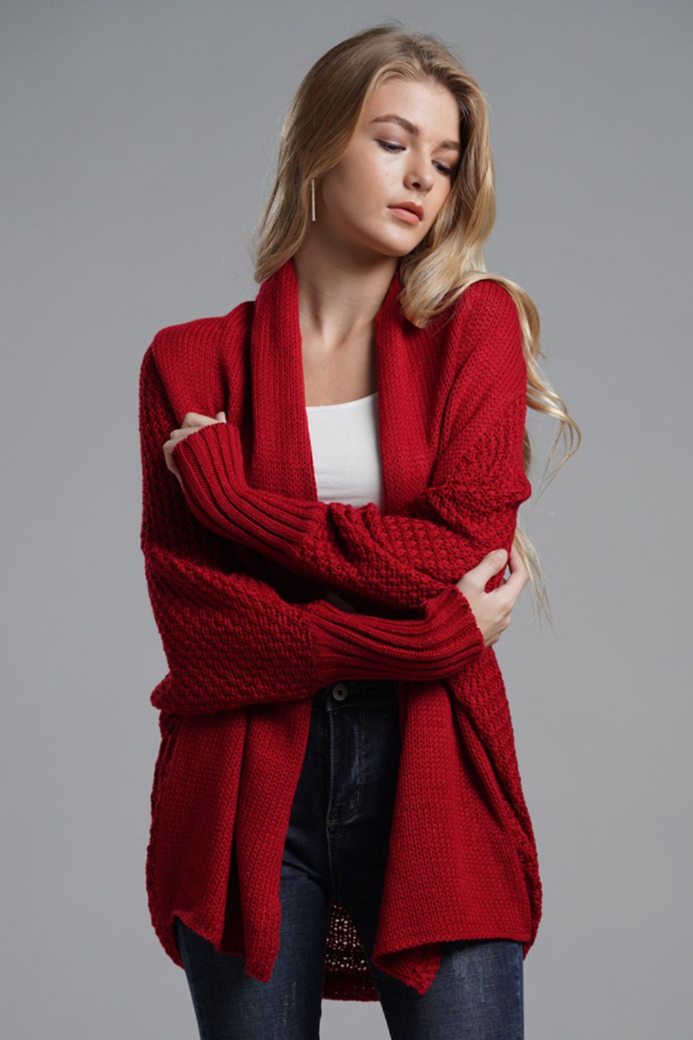 Dolman Sleeve Open Front Ribbed Trim Longline Cardigan | Cardigans Daverri Fashions