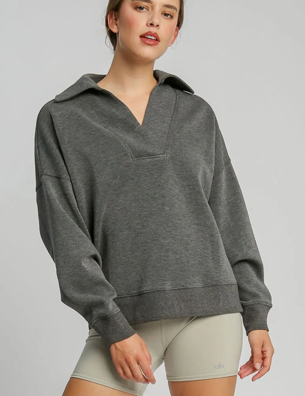 Charcoal Umgee Johnny Collar Dropped Shoulder Sweatshirt | Daverri Fashions