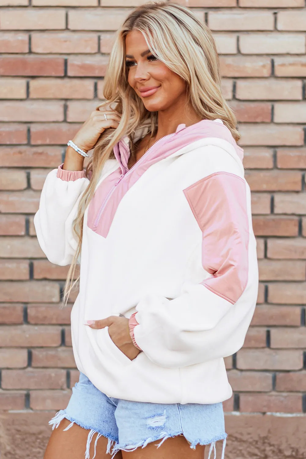 Color Block Half Zip Long Sleeve Hoodie Tops