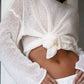 Boat neck dropped shoulder soft off-white knitted crop top with front knot