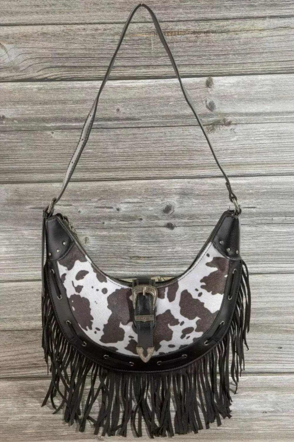 Cow Print Faux Leather Fringe Hobo Bag | Hobo Bags Daverri Fashions