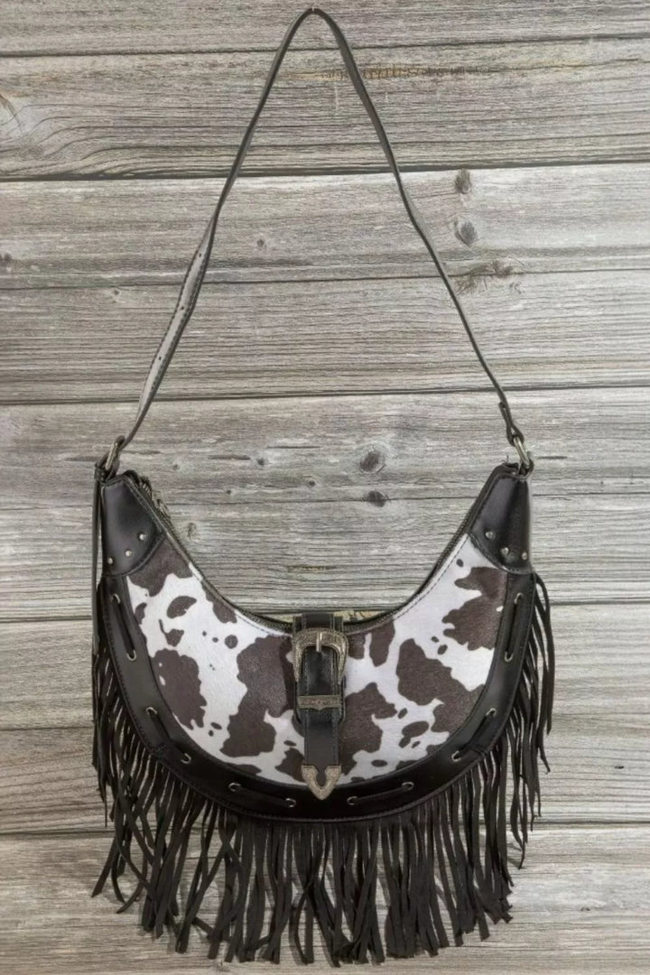 Cow Print Faux Leather Fringe Hobo Bag | Hobo Bags Daverri Fashions
