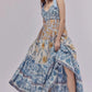 Floral tiered maxi dress in blue cream mixed print with shoulder ties