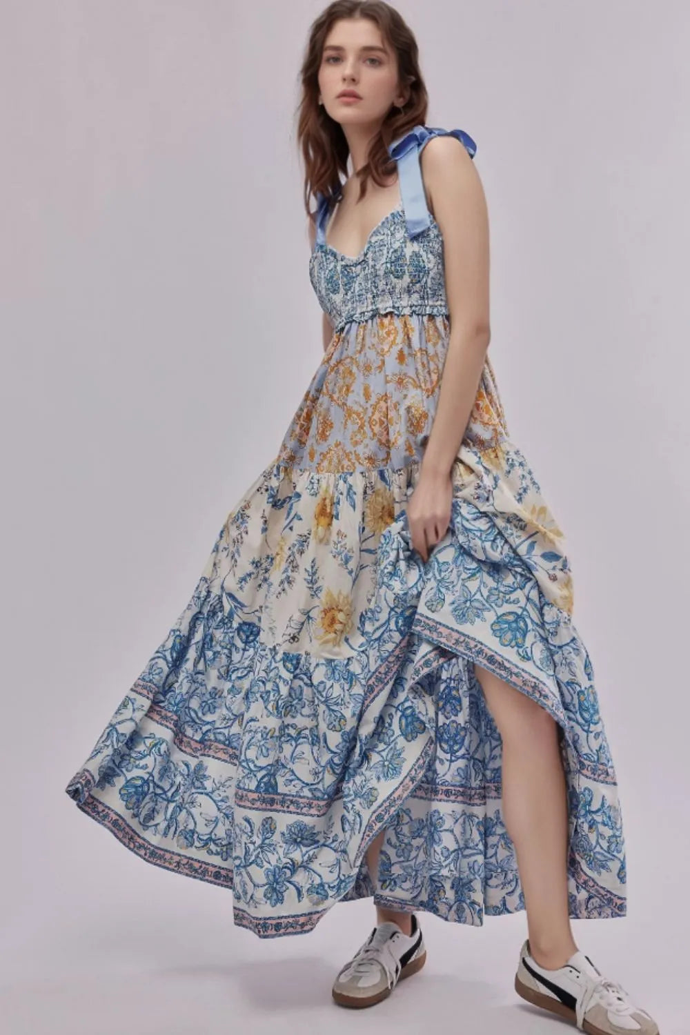 Floral tiered maxi dress in blue cream mixed print with shoulder ties