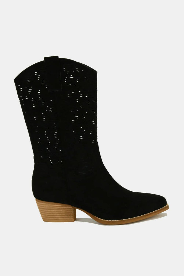 Beast Fashion Faux Suede Laser Cut Detail Block Heel Boots Black Footwear