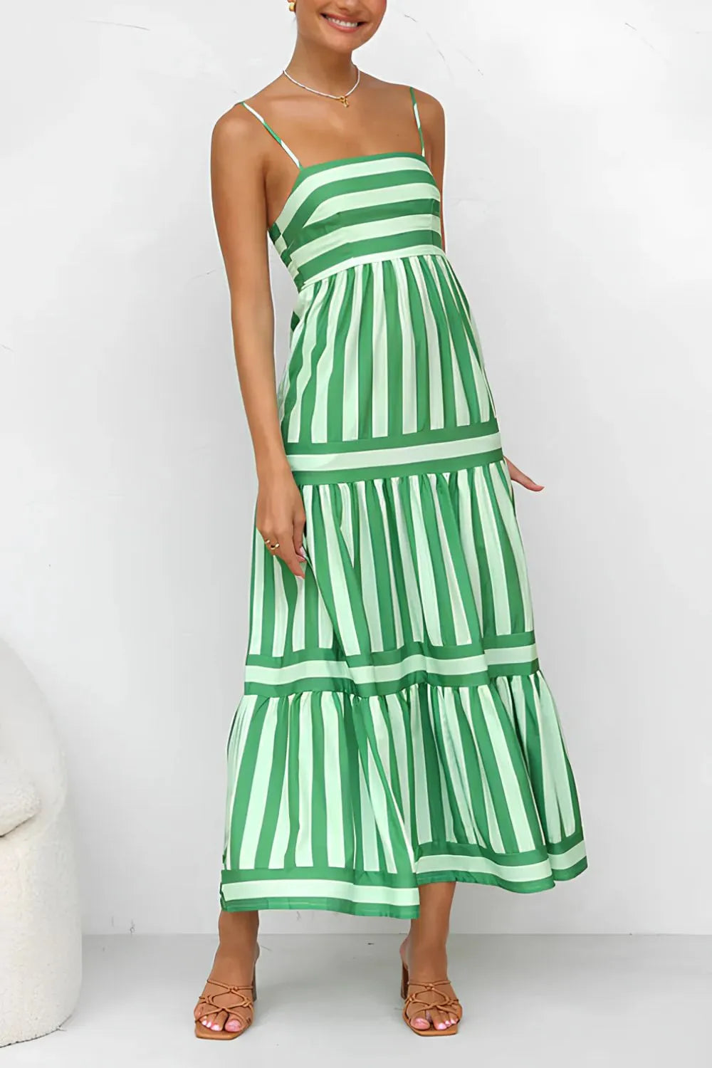 Daverri striped tiered maxi cami dress in green white vertical stripes