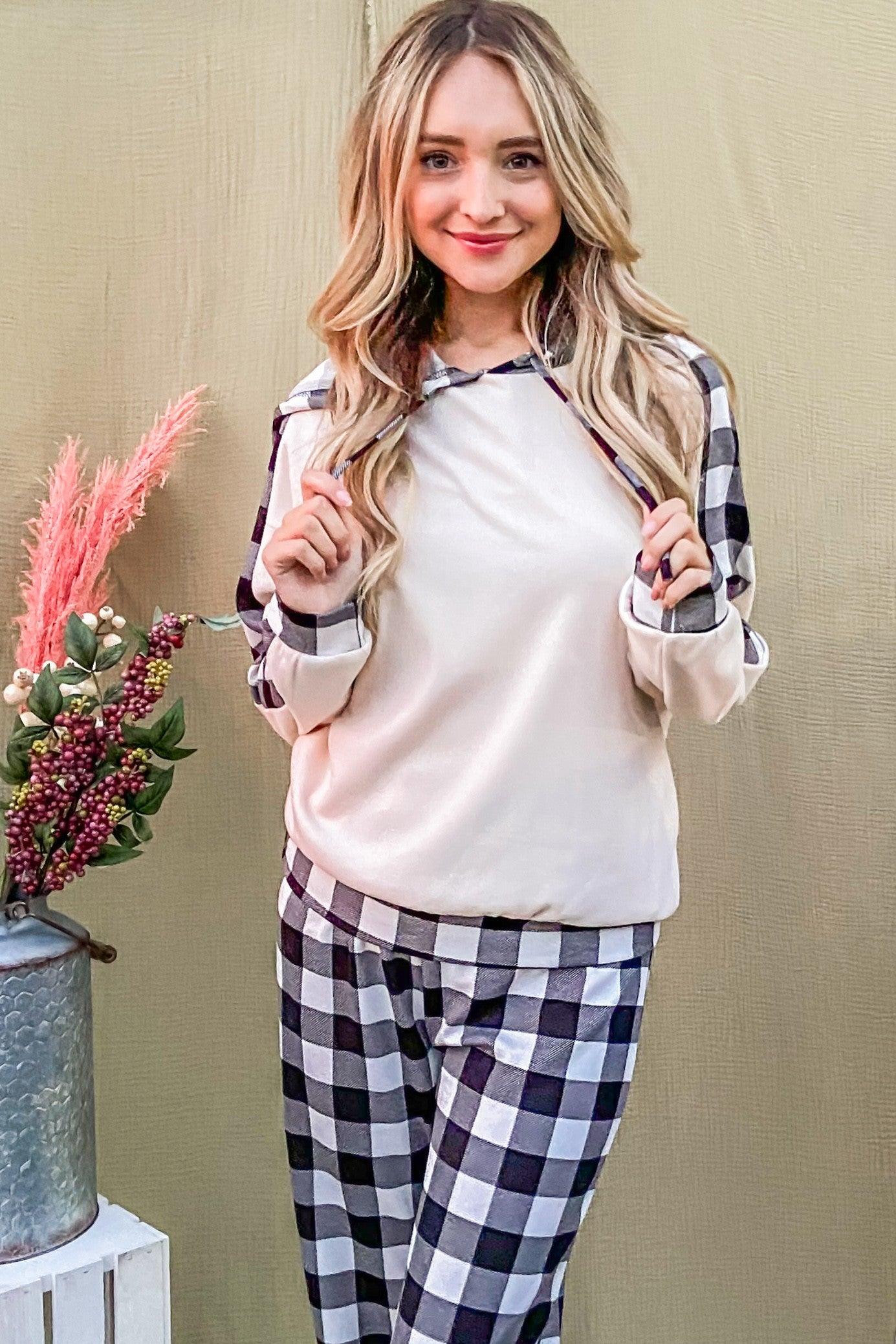 And The Why Drawstring Hooded Top and Plaid Pants Lounge Set | Outfit Sets Daverri Fashions