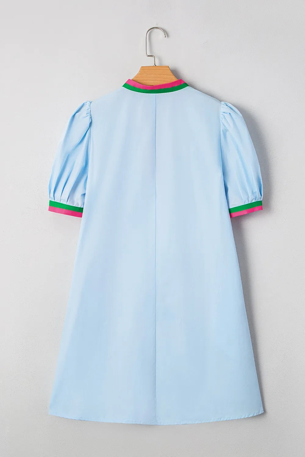 Notched puff sleeve swing dress in light blue with green pink trim