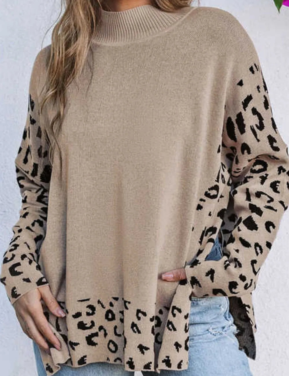 Khaki Slit Leopard Mock Neck Dropped Shoulder Sweater | Sweaters Daverri Fashions