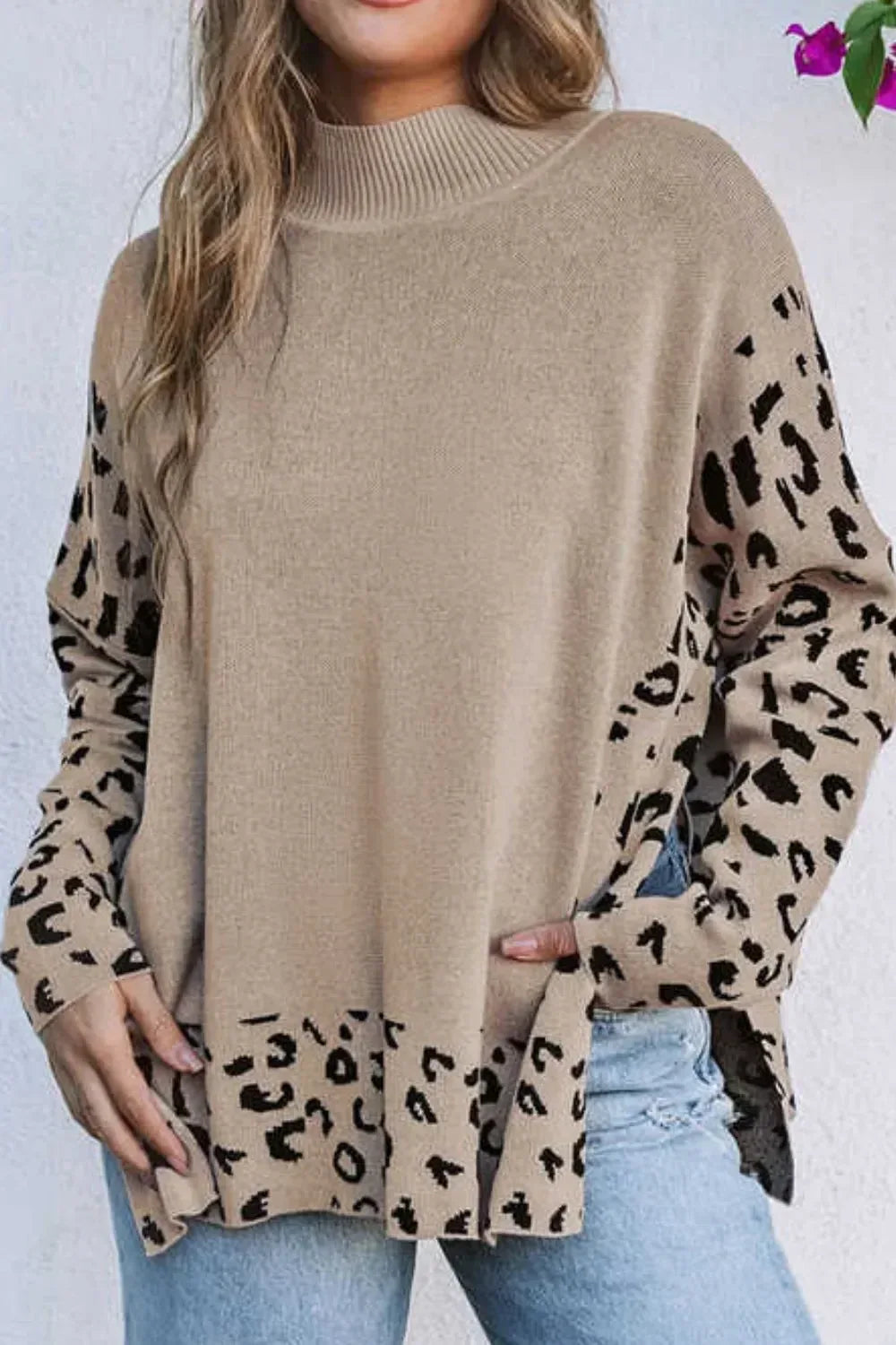 Slit Leopard Mock Neck Dropped Shoulder Sweater - DAVERRI FASHIONS