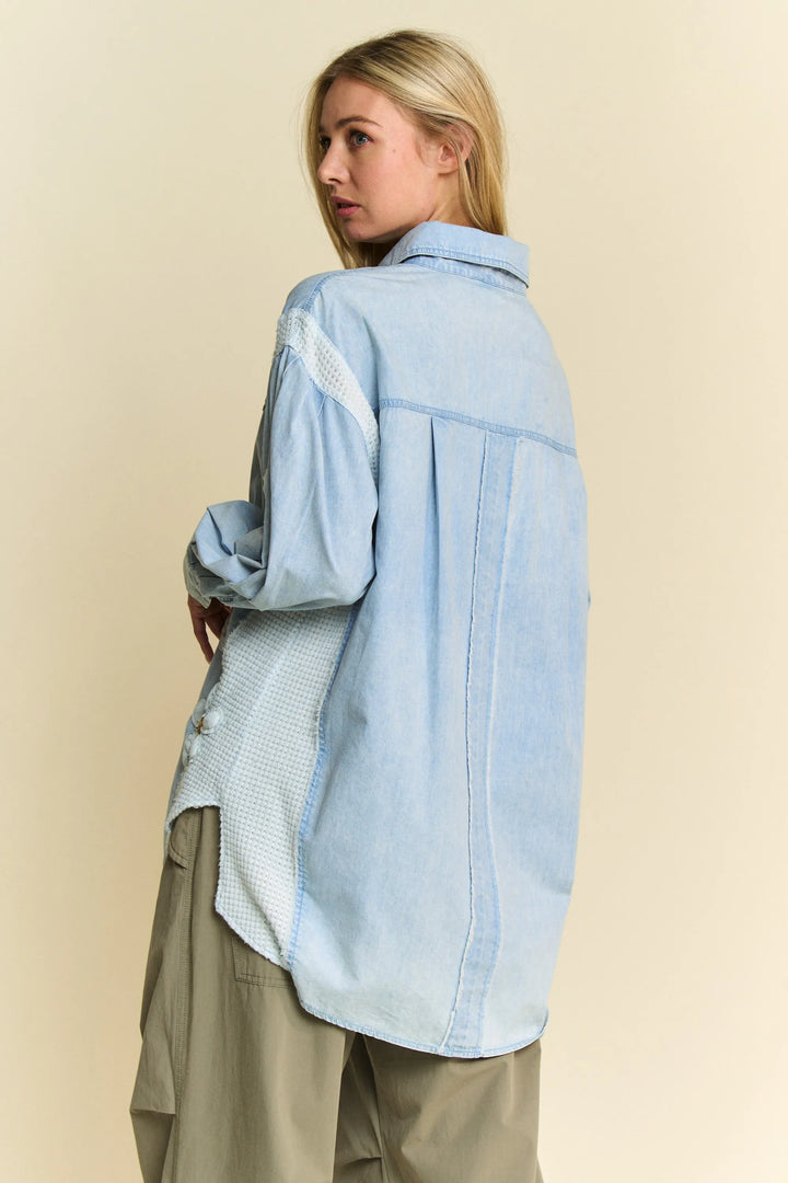 Davi & Dani Lightweight Washed Daisy Patch Waffle Knit Shirt Shirts