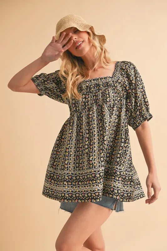 Aemi+Co Floral Short Sleeve Babydoll Top