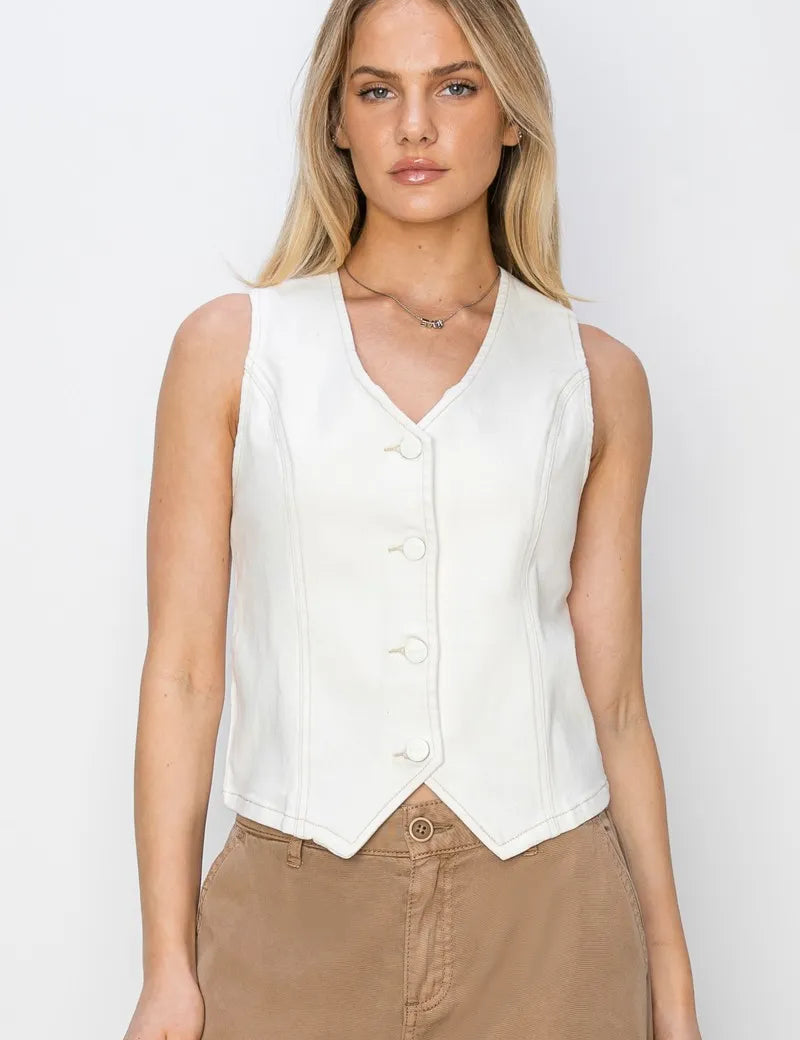 White RISEN V Neck Button Down Vest | Daverri Fashions
